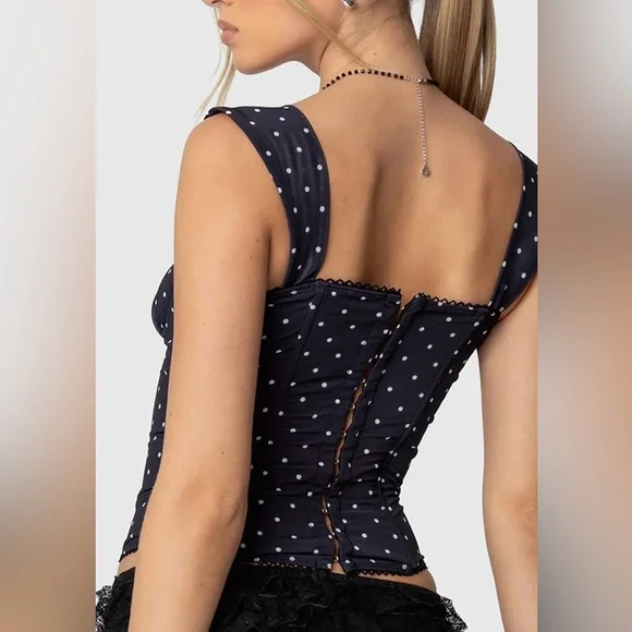 NEW Edikted Marcella Wide Strap Mesh Corset Black White Polka Dot XS - Picture 3 of 11